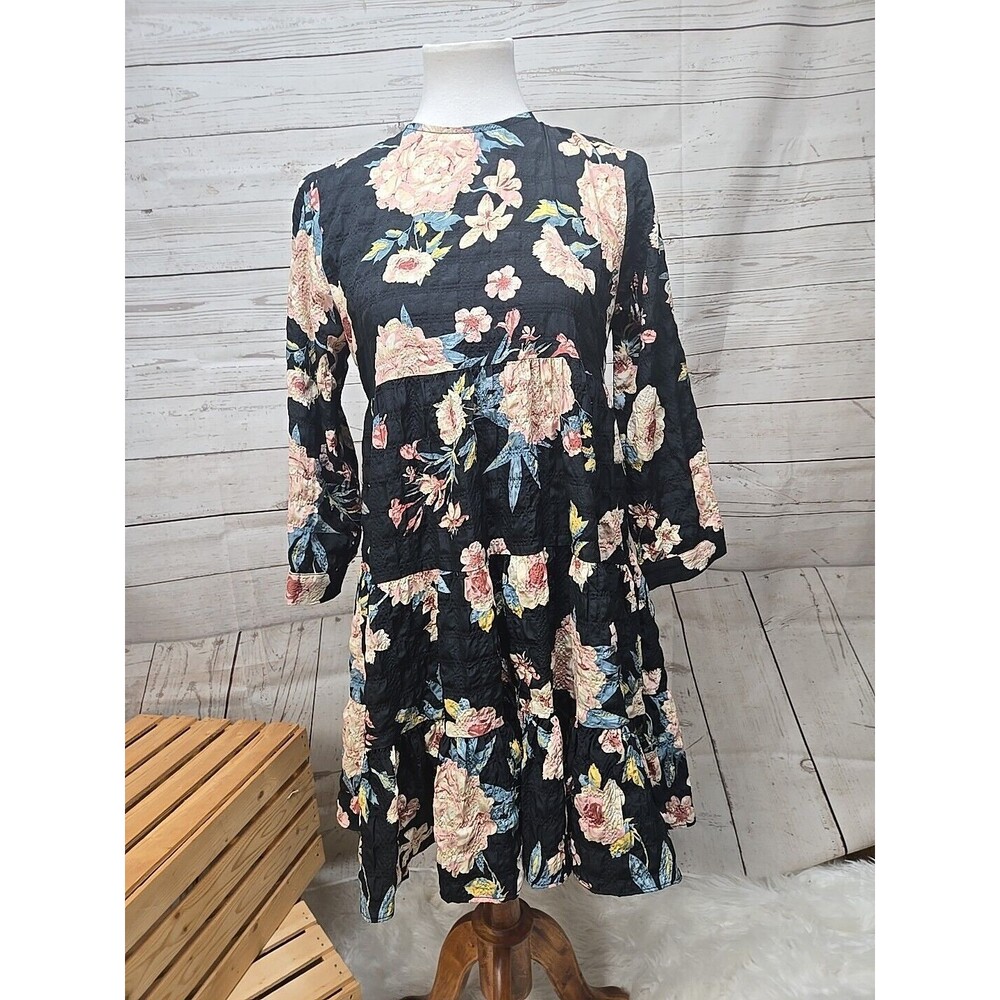 Zara Size S Boho Tunic Dress Slip On Length 3/4 Sleeves Polyester Ruffle‎ Floral